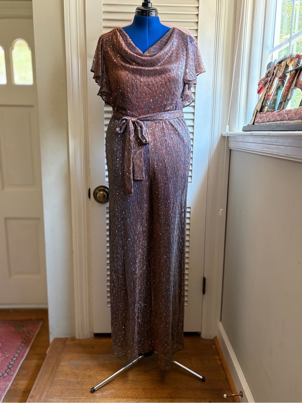 Maison Tara Bronze Metallic Sequin Wide Leg Jumpsuit Size 12